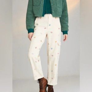 PacSun Cream Straight Leg Pants with Multicolor Embroidery